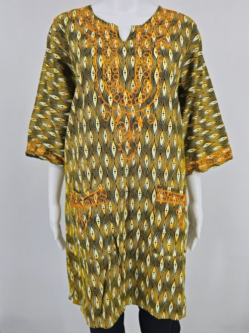 Vintage 1990s Neelam Yellow/Black/White Cotton Dashiki Tunic Dress/Top (OS)